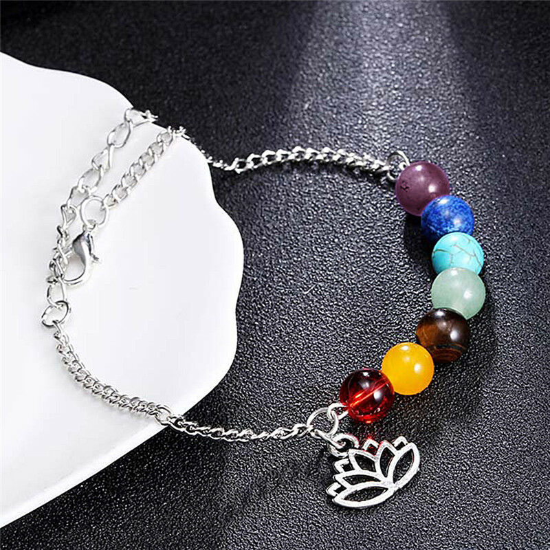 Colorful Beads Bracelet Lotus Pendant Energy Yoga Ankle Chain Jewel.l8