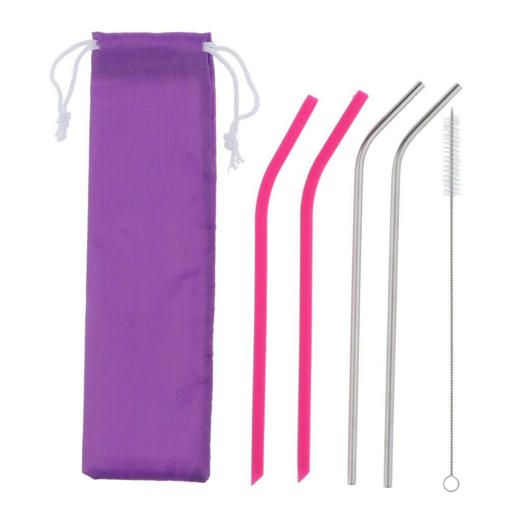 Drinking Straws 2pcs Pink Silicone 2pcs Stainless and 1pc Cleaning Brush