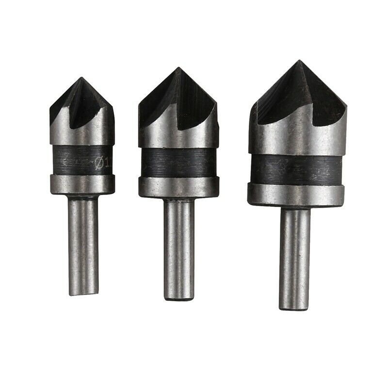 3pcs 5 Flute Countersink Drill Bit Set 90 Degree Chamfe Cutter For Wood Metal M2