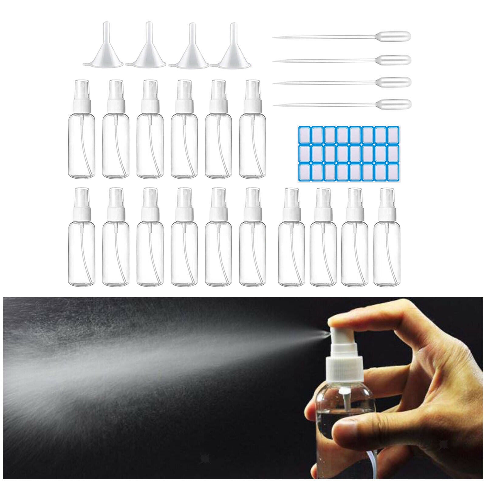 60ml 2oz 16x Empty Spray Bottle Home Refillable Plastic Bottles with Funnels