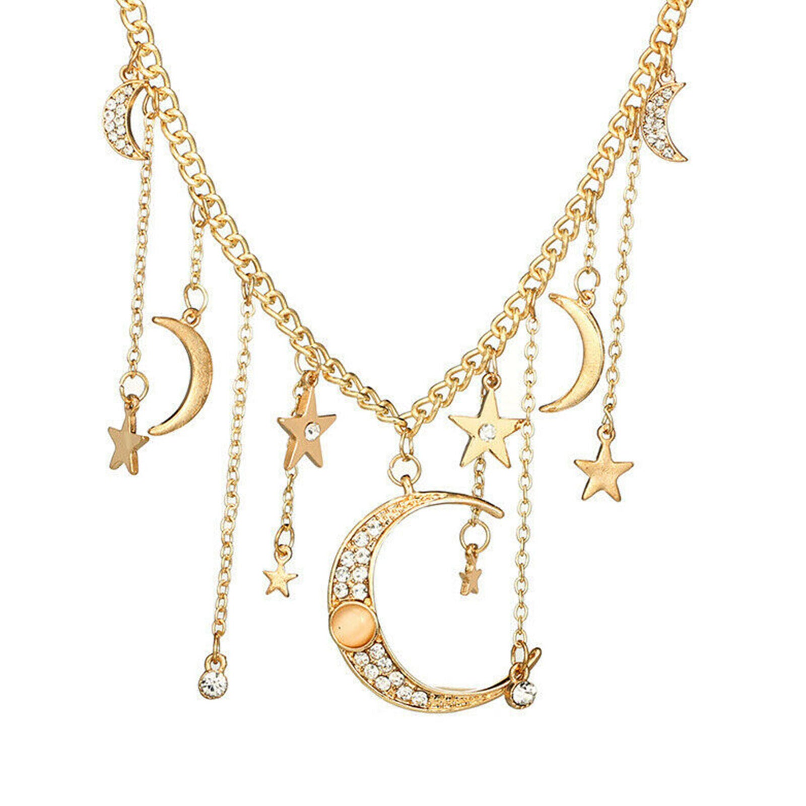 Chic Moon Pendant Crystal Women's Star Multilayer Choker Jewelry Necklace Chain
