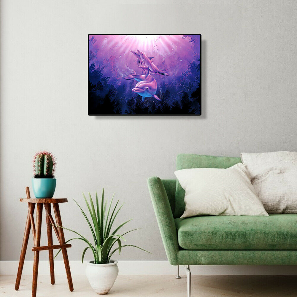 Three Purple Dolphins Diamond Painting Cross Stitch Needlework Mosaic Kit @