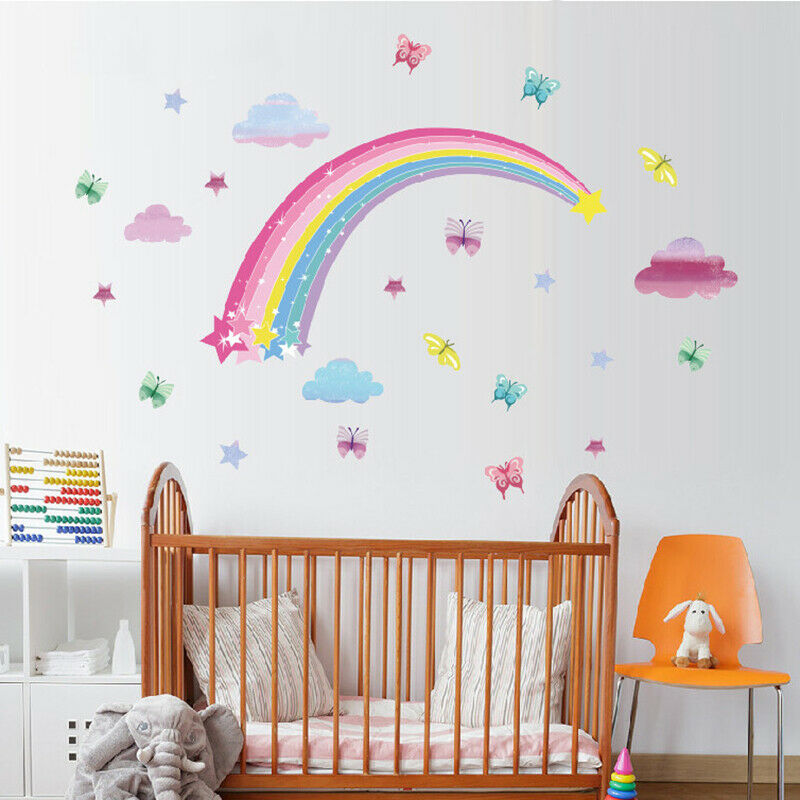 Pretty Shining Stars On Rainbow Cloud Butterflies Wall stickers Room Art .l8