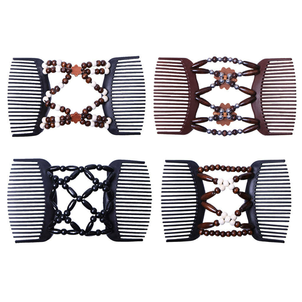 4pcs Magic Wood Beads Double Hair Comb Clip Stretchy Hair Roses Ladies Party
