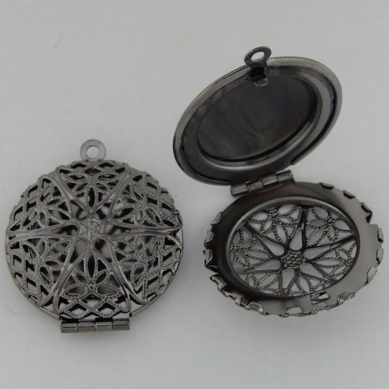 3 pieces Gun-black Brass Charm Hollow Round Locket Pendants Craft Findings