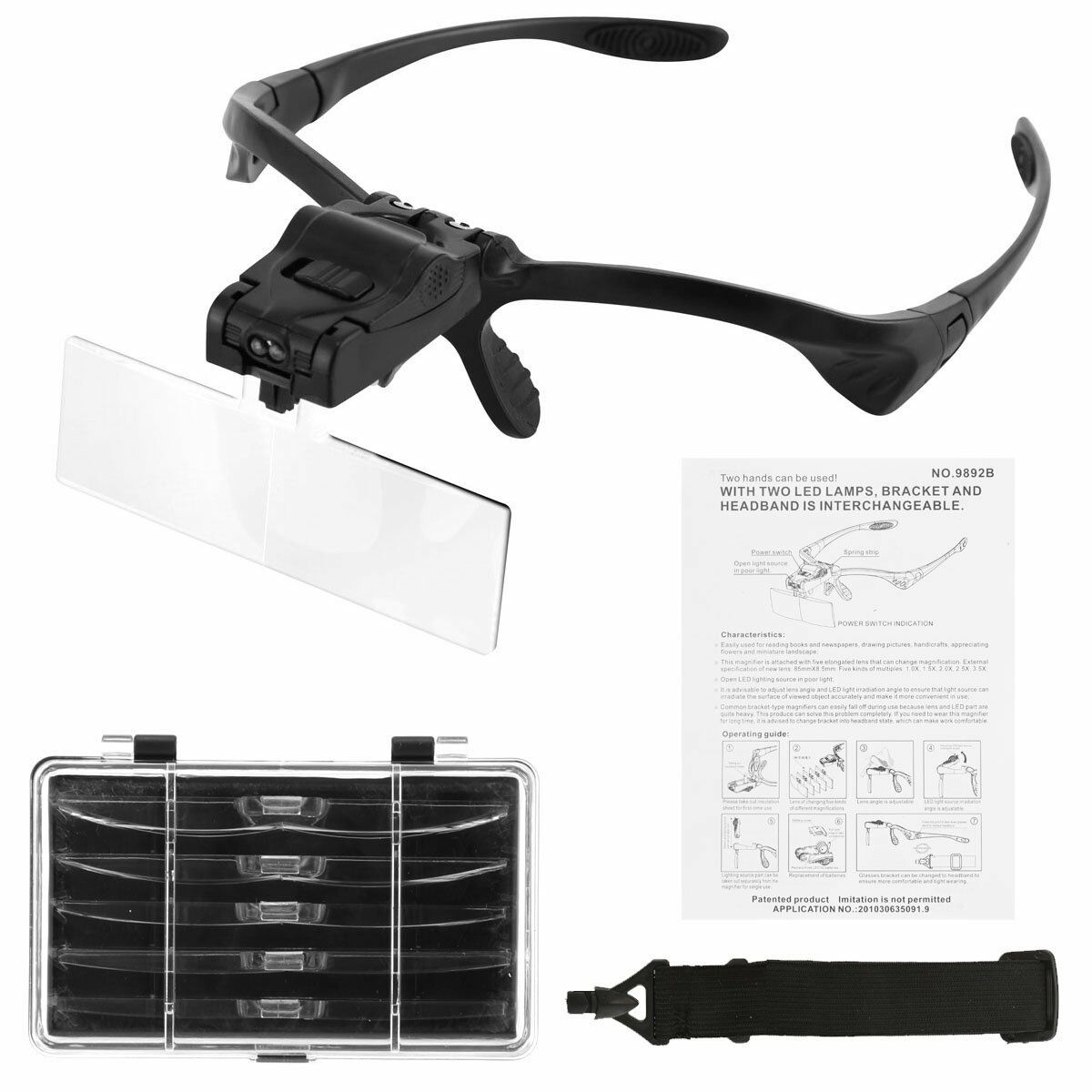 5-Lens 1.0X 3.5X Bracket Headband Magnifier Magnifying Glasses 2 LED Eye Loupe