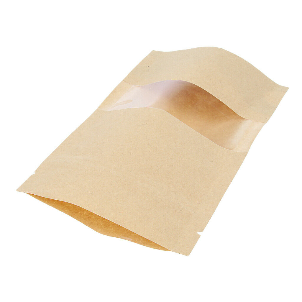 50x Kraft Paper Bag Stand Up Pouch Food   Packaging w/ Window 9x14+3