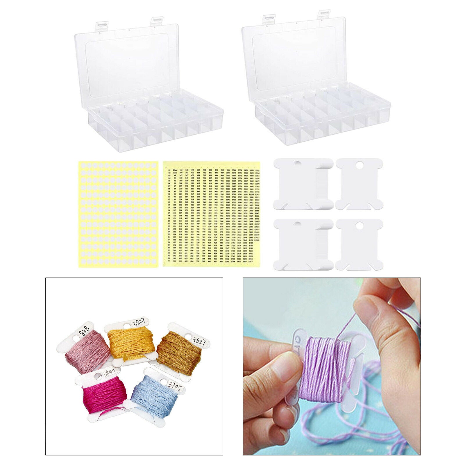 2x 24 Grids Plastic Embroidery Floss Cross Stitch Organizer Box with 150 Hard