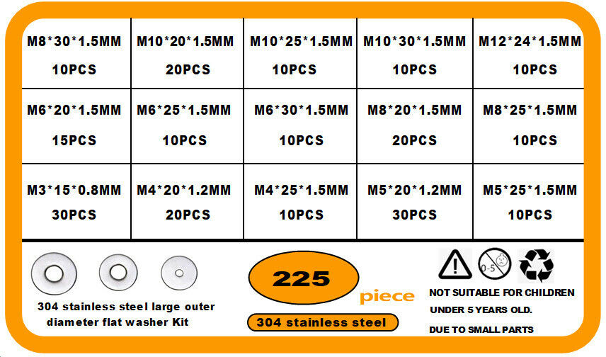 225Pcs 304 Stainless Steel Washer/gasket Set M3-M12 15 Sizes Hardware Washers