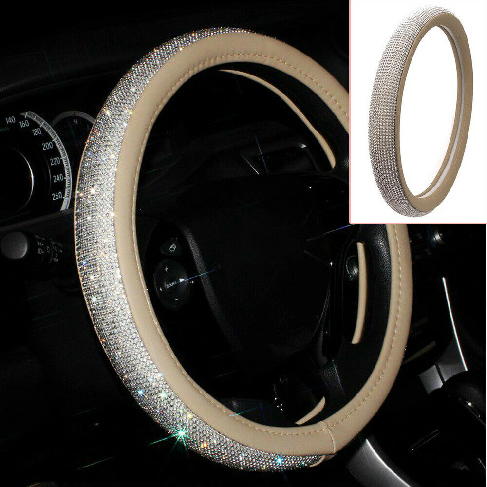 15'' Beige Crystal Front Car Steering Wheel Cover w/ Bling Rhinestone PU Leather