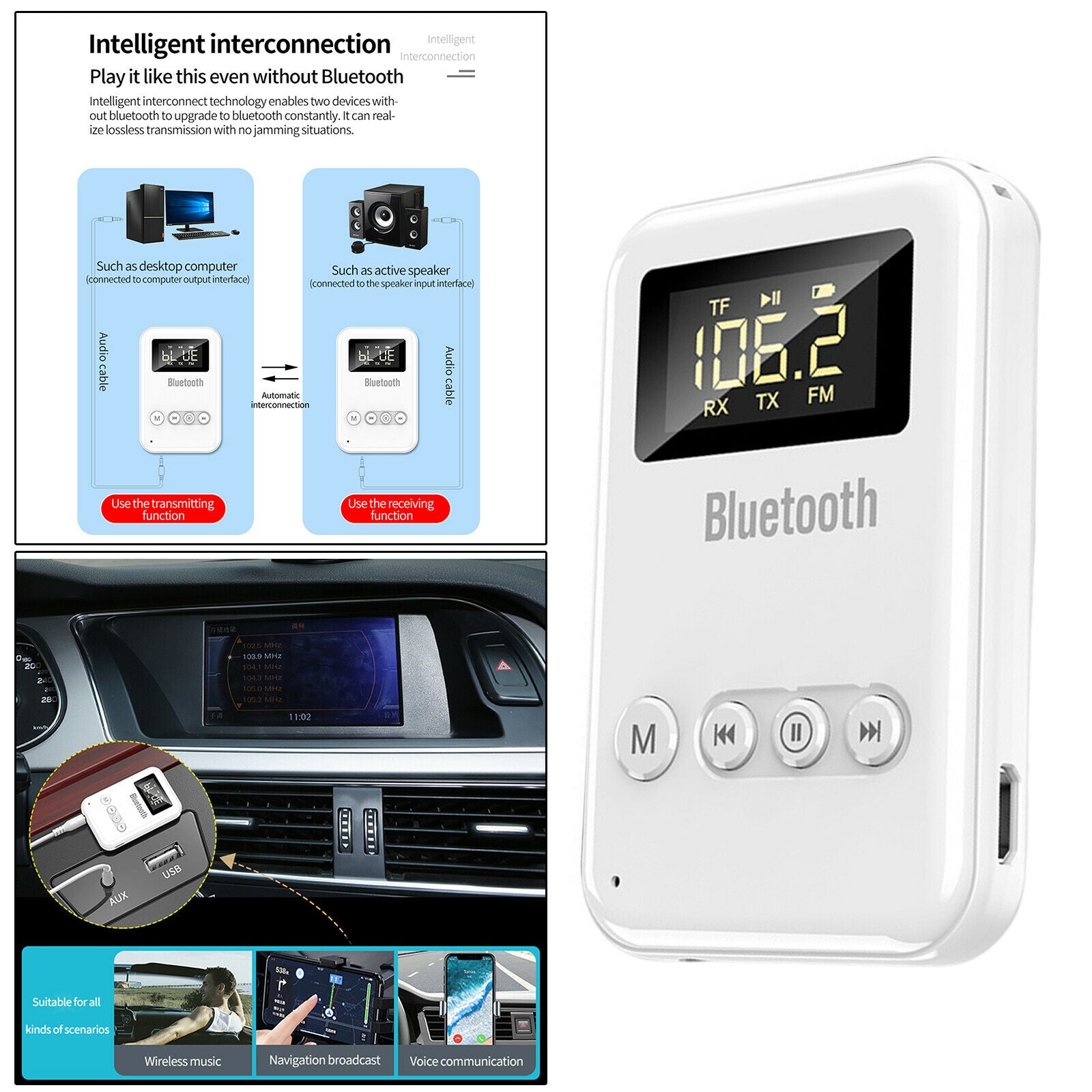 2-in-1 Bluetooth Transmitter Receiver 3.5mm Aux for Car Home Sound System