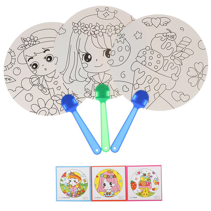 1Pc DIY kids coloring cartoon hand fan craft kindergarten drawing toys .l8