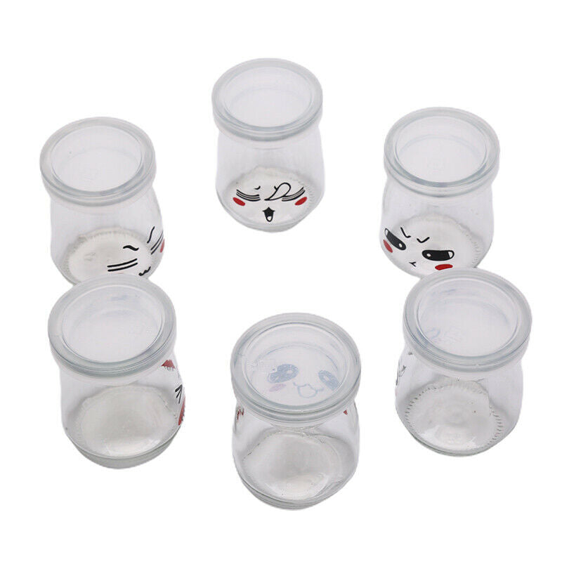 6PCS Pudding Bottles Cute Face Heat-resistant Glass Jelly Yogurt Jar Contain KX
