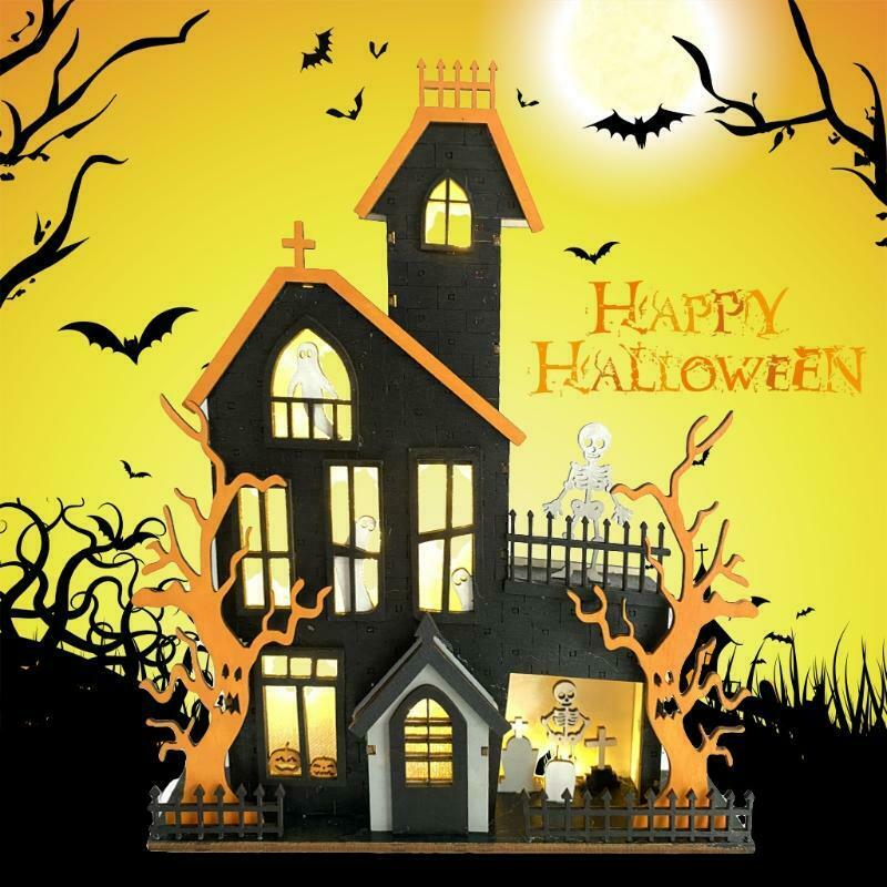 Halloween Table Decorations Wooden Haunted House Ghost Sign with LED Light Decor