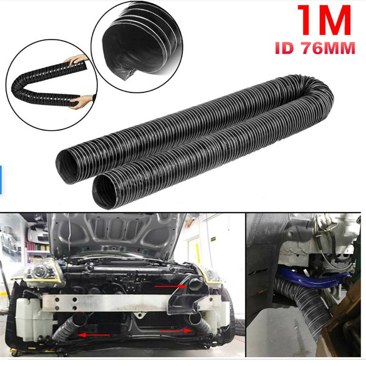 Car Hood Air Intake Pipe 1 Meter Air Ducting Hose Tube 76mm Flexible Filter Pipe