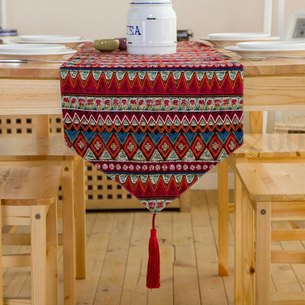 30 * 220cm Bohemian Table Tassel Cotton Tablecloth Cover Mat Decoration-red