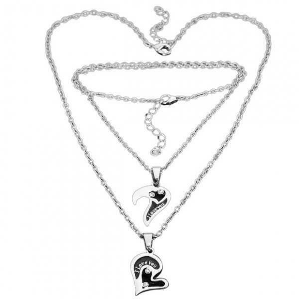 Couple Pendant Necklace Rhinestone I Love You Heart Puzzle Matching Pendant
