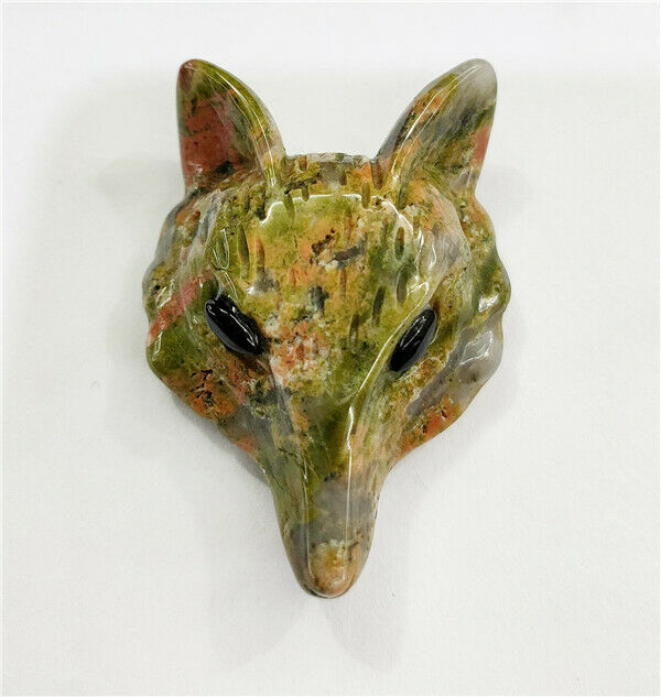1Pc 30x24x15mm Natural Unakite Jasper Carved Fox Head Reiki Crystal Pendant HH21