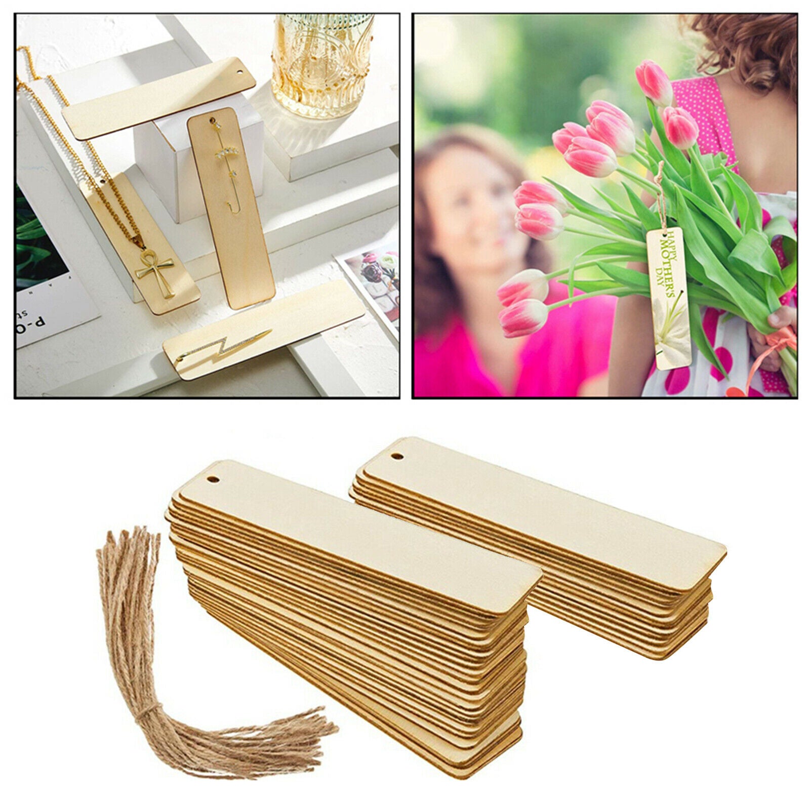 36x Unfinished Rectangle Blank Wood Bookmarks Wooden Crafts Tags with Strings