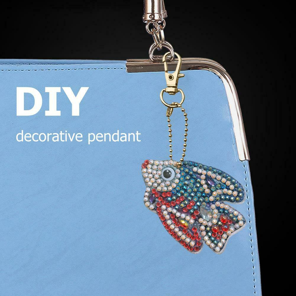 5pcs DIY Cartoon Fish Diamond Painting Keyring Cross Stitch Keychain Decor @