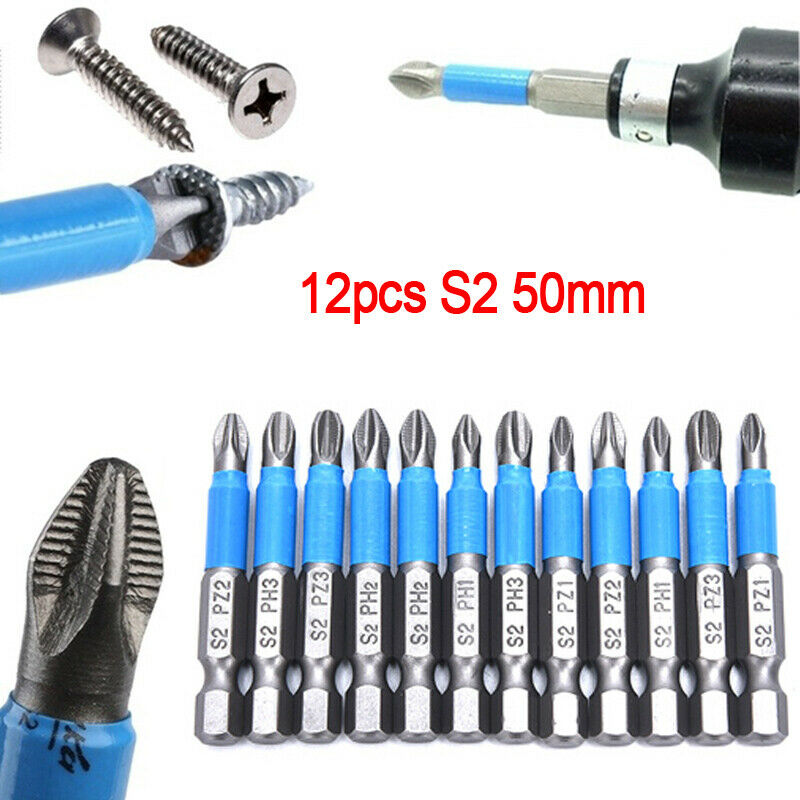 12pcs Anti Slip Electric Screwdriver Bits Hex Shank PH 50mm Single Side Drill Kt