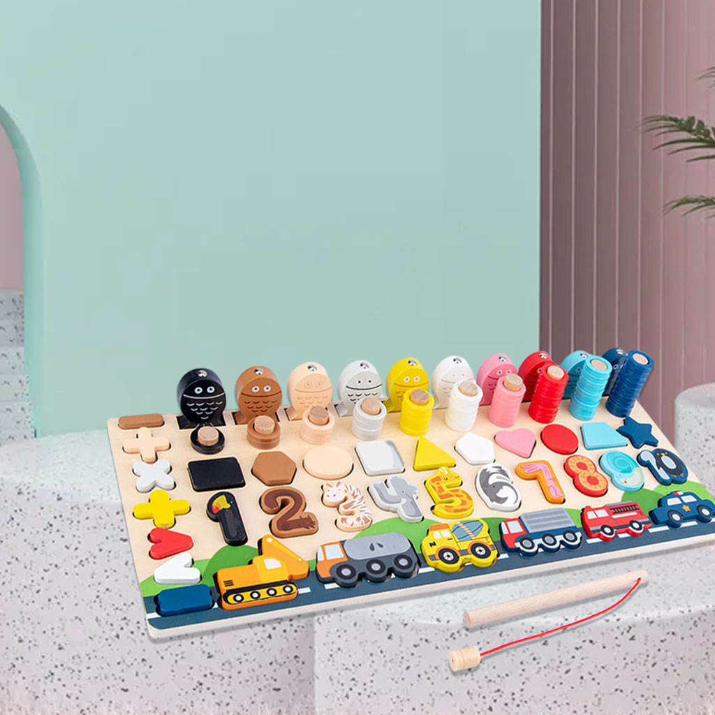 Wood Number Puzzle Shape Match Pegs Board Counting Sorting Fishing Game Early