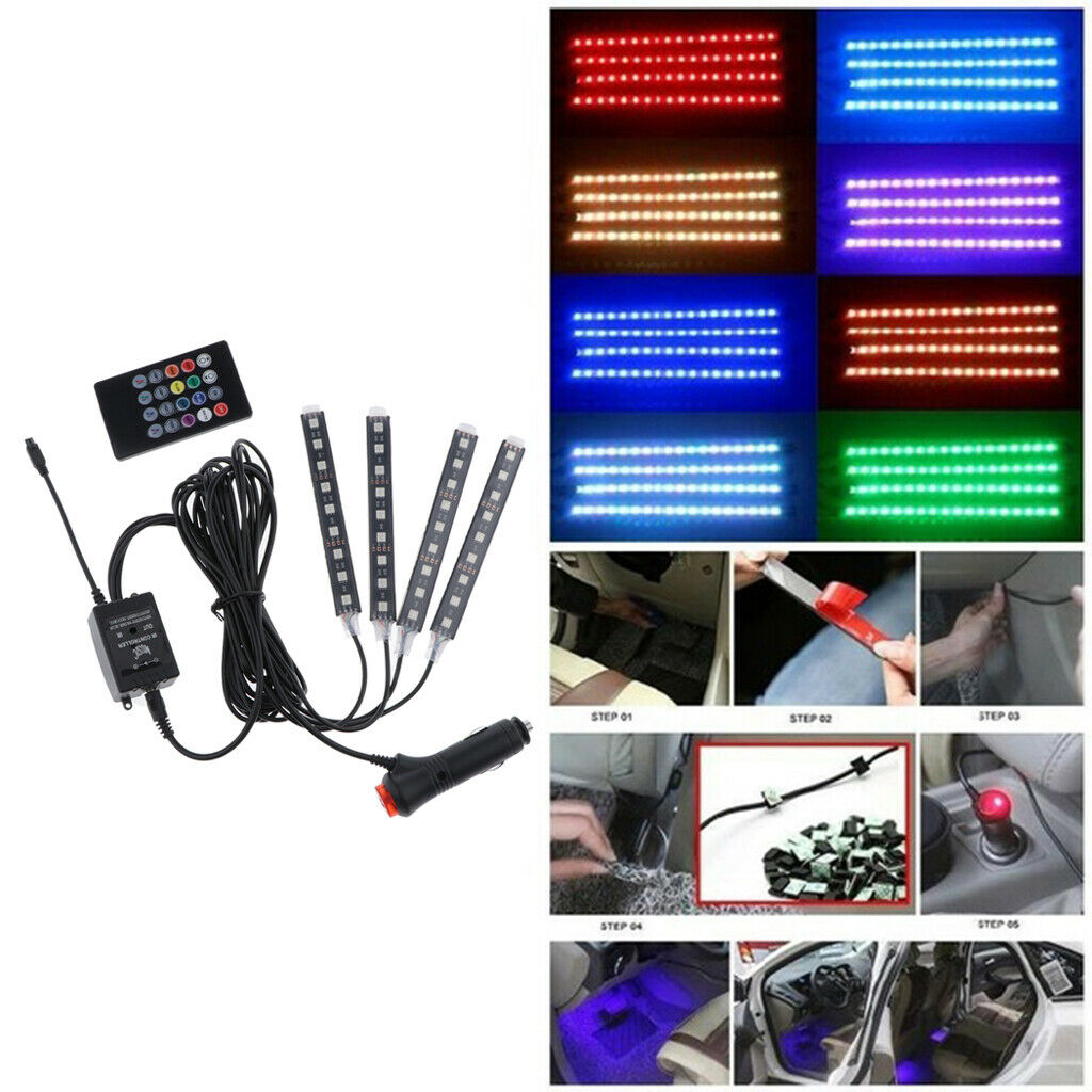 4x LED Strip 36 LEDs, LED Strip DIY Blue Color Under Dashboard Car Lighting With