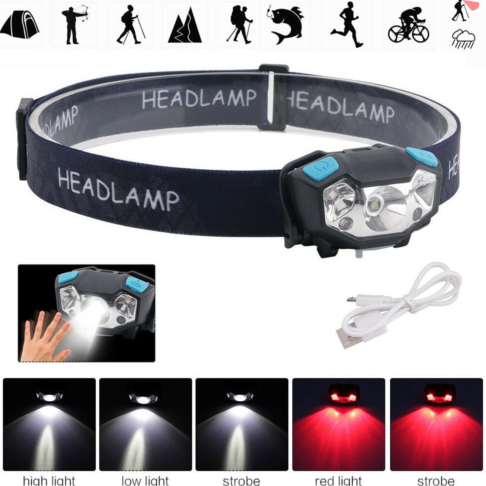 Red WHITE XPE USB Headlamp 6 Lighting Modes Head Lamp ipx4 with Motion Sensor