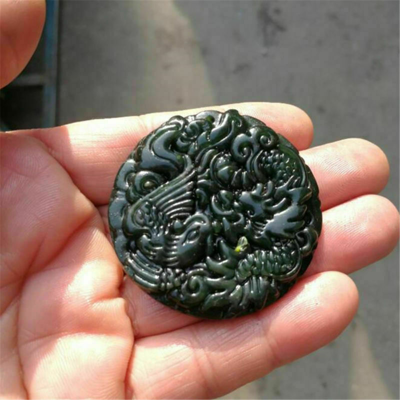 2pcs Chinese Natural Black Green Jade Pendant Dragon&Phoenix Good Lucky Amulet