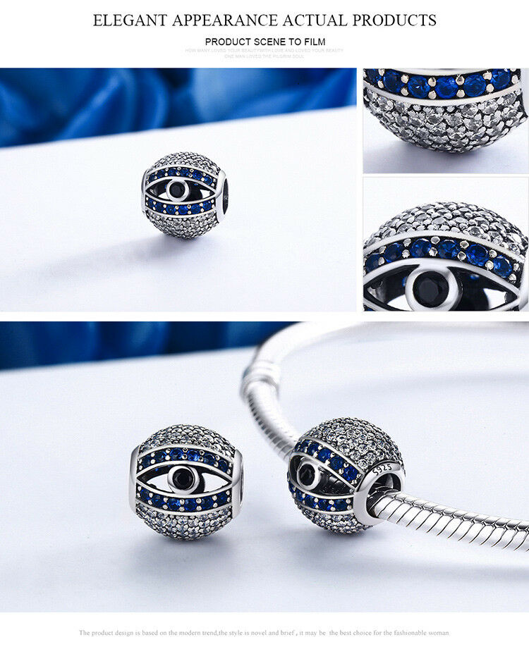 European 925 Sterling Blue Eye of God Zircon CZ Round bead solid charm for women