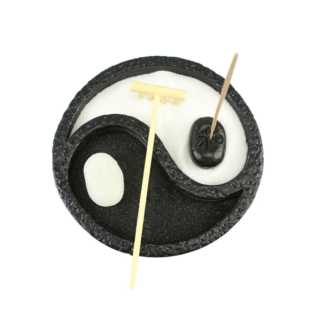 15cm Round Mini Yin Zen Garden w/Rake Desktop Meditating Sandbox Decor Black