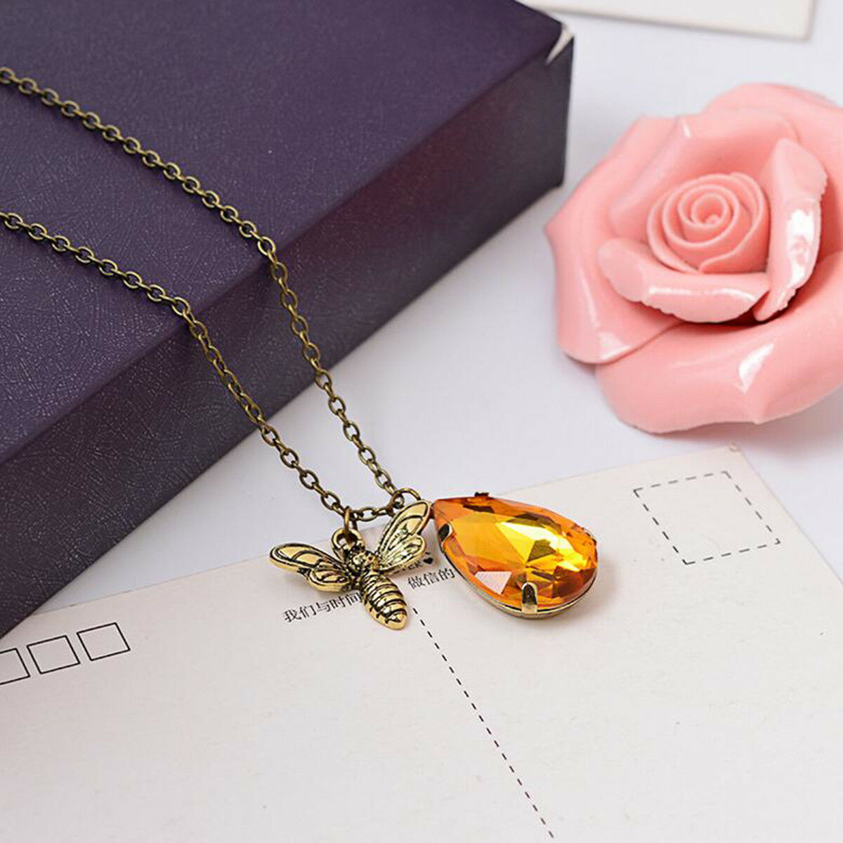 Sweet Bee And Honey Drop Necklace Brass Chain Bee Crystal Pendant Necklace Gift