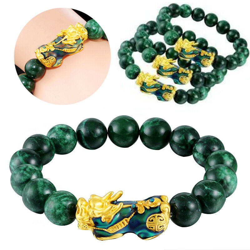 Natural Green Jade  Beads Wealth Golden Feng Shui Pixiu Bracelet 10mm Gift