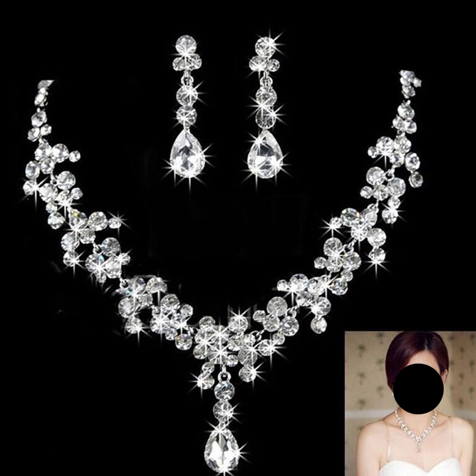 Bridal Wedding Rhinestone Crystal Cubic Necklace Earrings Jewelry Set Party