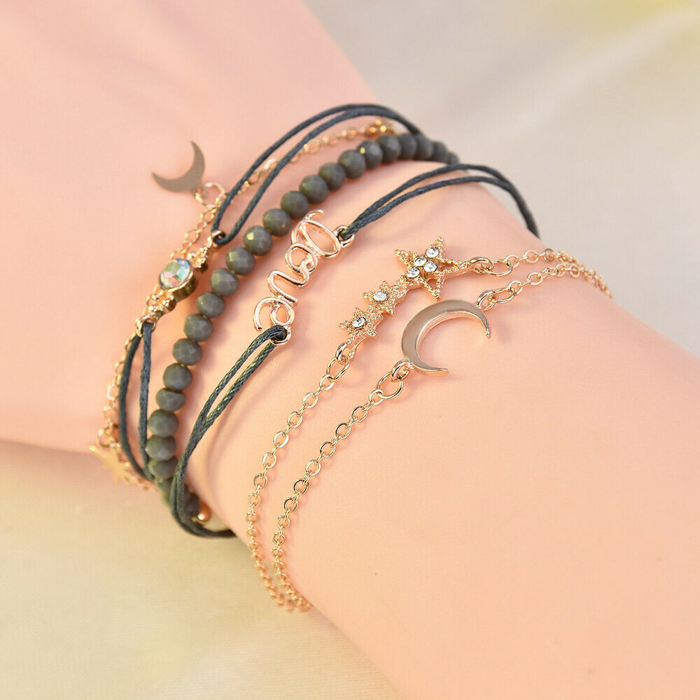 6PC Fashion Women Crystal Moon Star Adjustable Open Bangle Bracelet Jewelry ~