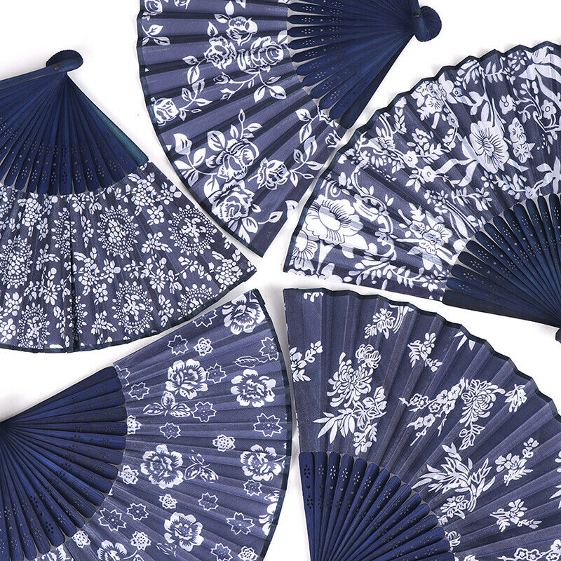 1PCS Chinese Style Flower Design Blue Fabric Hand Fan Wedding Party Favor Gi Kt