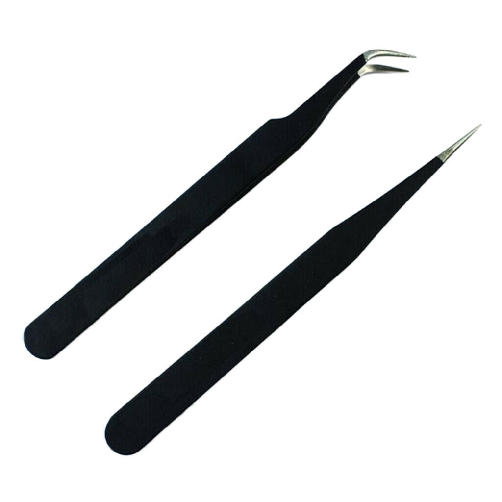 2Pcs Curved+Straight Eyelash Extension Individual False Lash Picker Tweezers