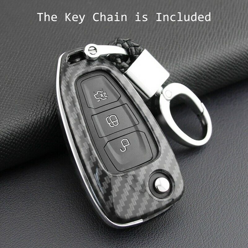 for Ford Focus 2012-2018 Car Carbon Fiber Smart Key Cover Case with Key Chain J4