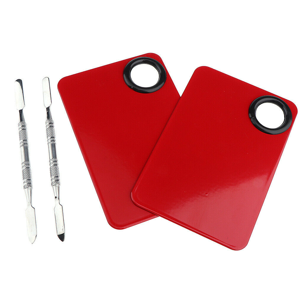 2x Retangle Nail Art Paint Makeup Foundation Mixing Palette w/ Spatula Set Red