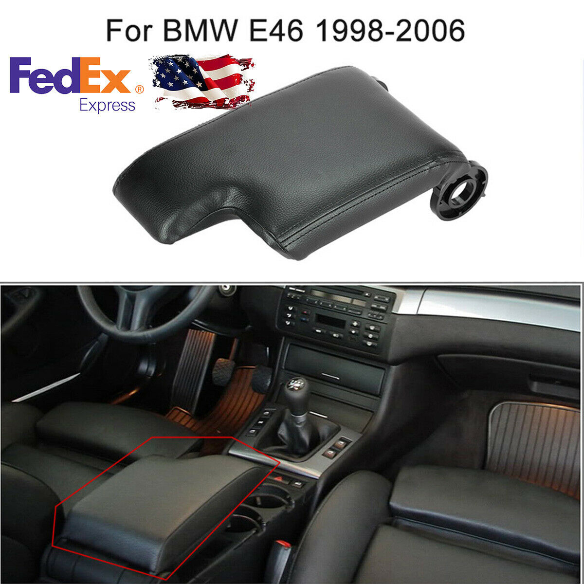 Black PU Leather Armrest Center Console Pad For BMW E46 3 Series 1999-2006