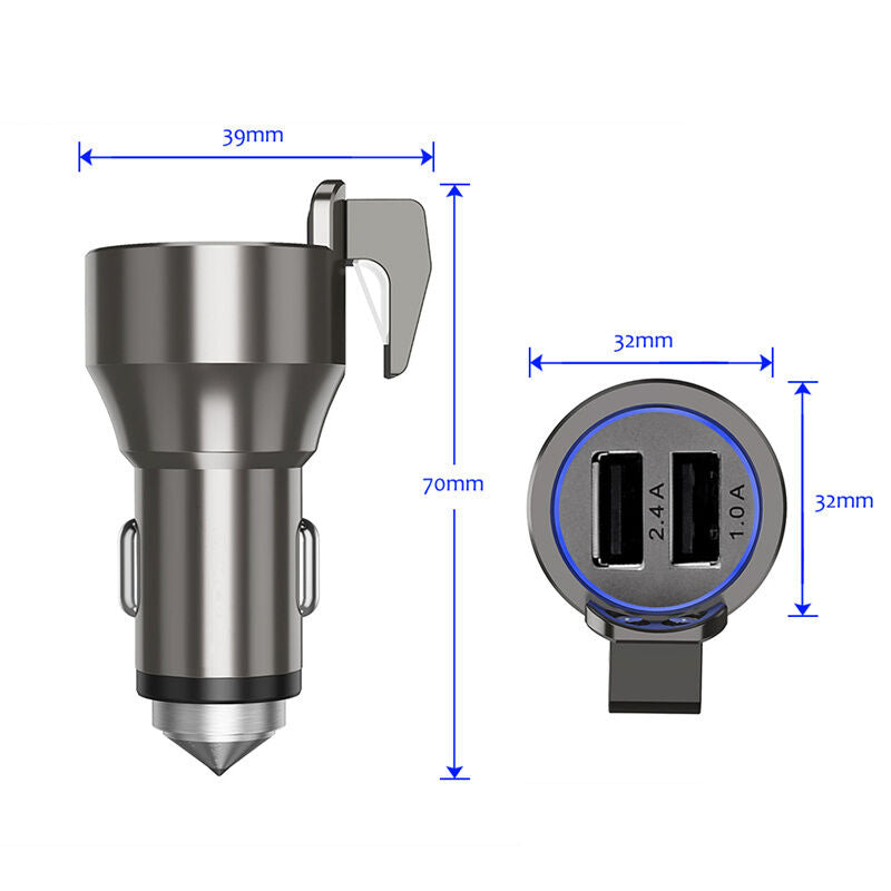 3in1 Multifunction LED Dual USB Auto Car Phone Charger Safety Hammer Belt Cutter