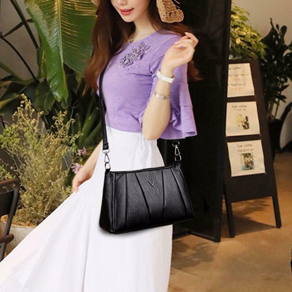 Women Girls Zipper PU Crossbody Messenger Bags Casual Pure Shoulder Handbag @