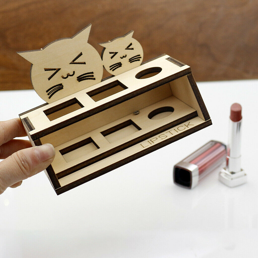 Natural Wooden Lipstick Display Holder Cute Cat 3 Grids Makeup Storage Box