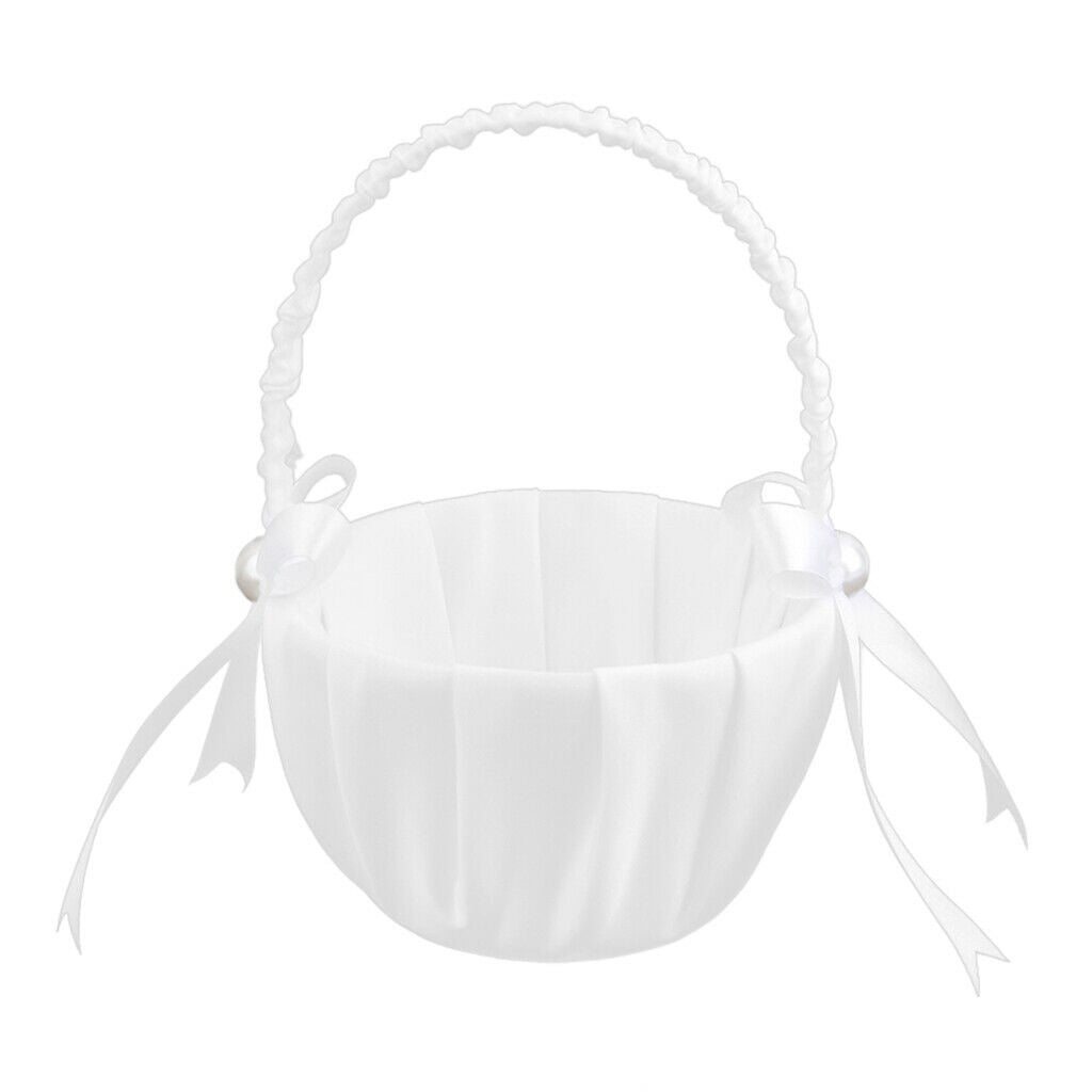 White   Flower Girl Basket for Wedding Decoration, Handle with Silk Ribbon