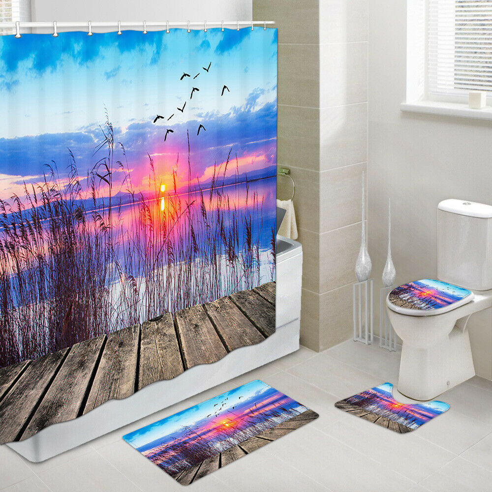 Lakeside Pier Sunset Shower Curtain Set Bath Rug Toilet Lid Seat Cover 4PCS-Set