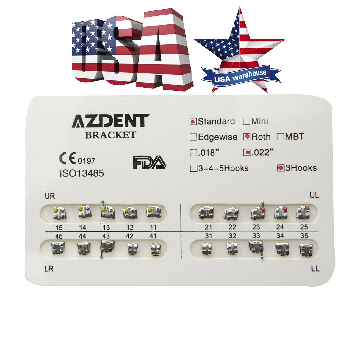 20xDental Ortho Brackets Standard Roth .022 3 Hooks Metal Braces AZDENT