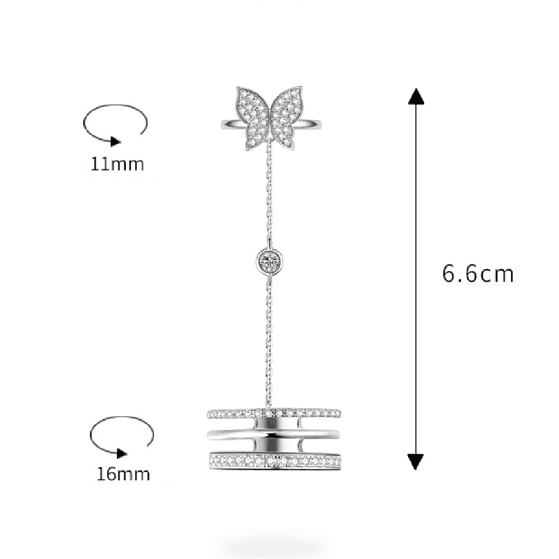 Women 925Silver Butterfly Zircon Ring Adjustable Chain Open Ring Party Jewelry.