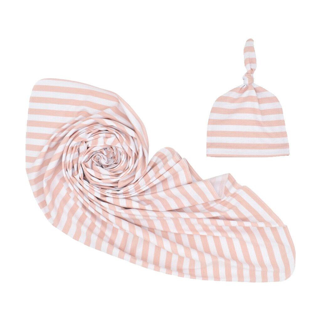 Newborn baby striped swaddle sleeping bag with hat set pink