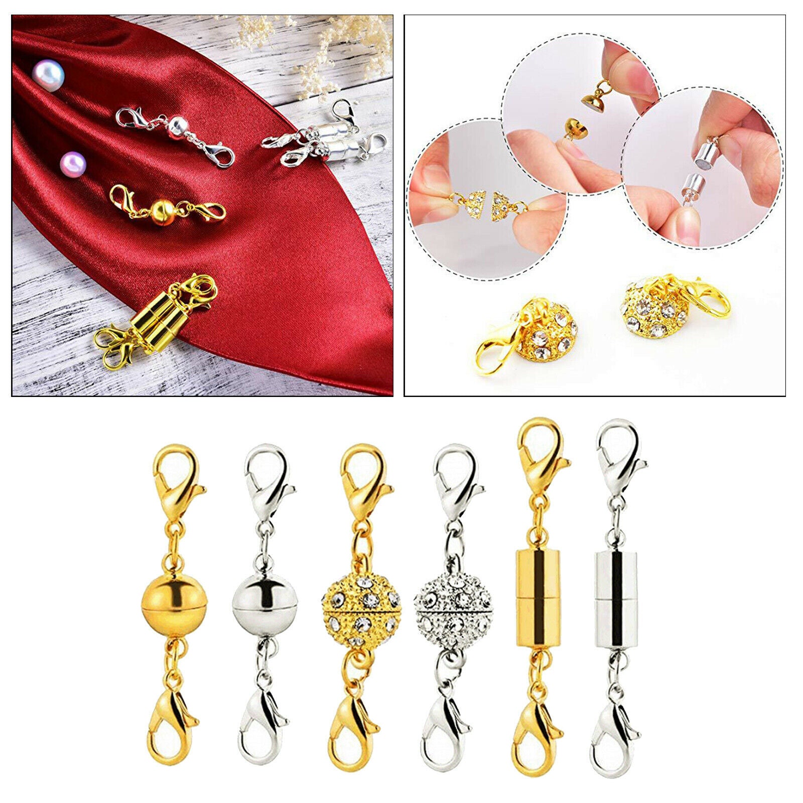 6Pcs Magnetic Clasp Rhinestone Ball/Cylinder Lobster Clasps Extender Joiner