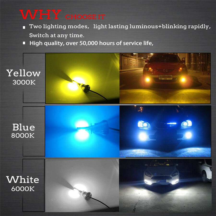 2xLED H8 H9 H11 White/Yellow DualColor COB Bulbs Flash Strobe Blinking Fog Light